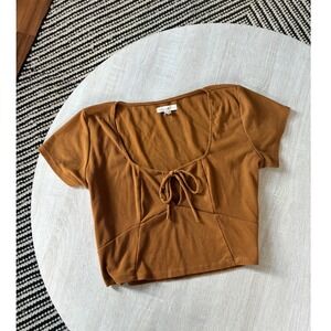 Backyard Roses Brown Ribbed Knit Tie Front Crop Top Square Neck Short Sleeve L